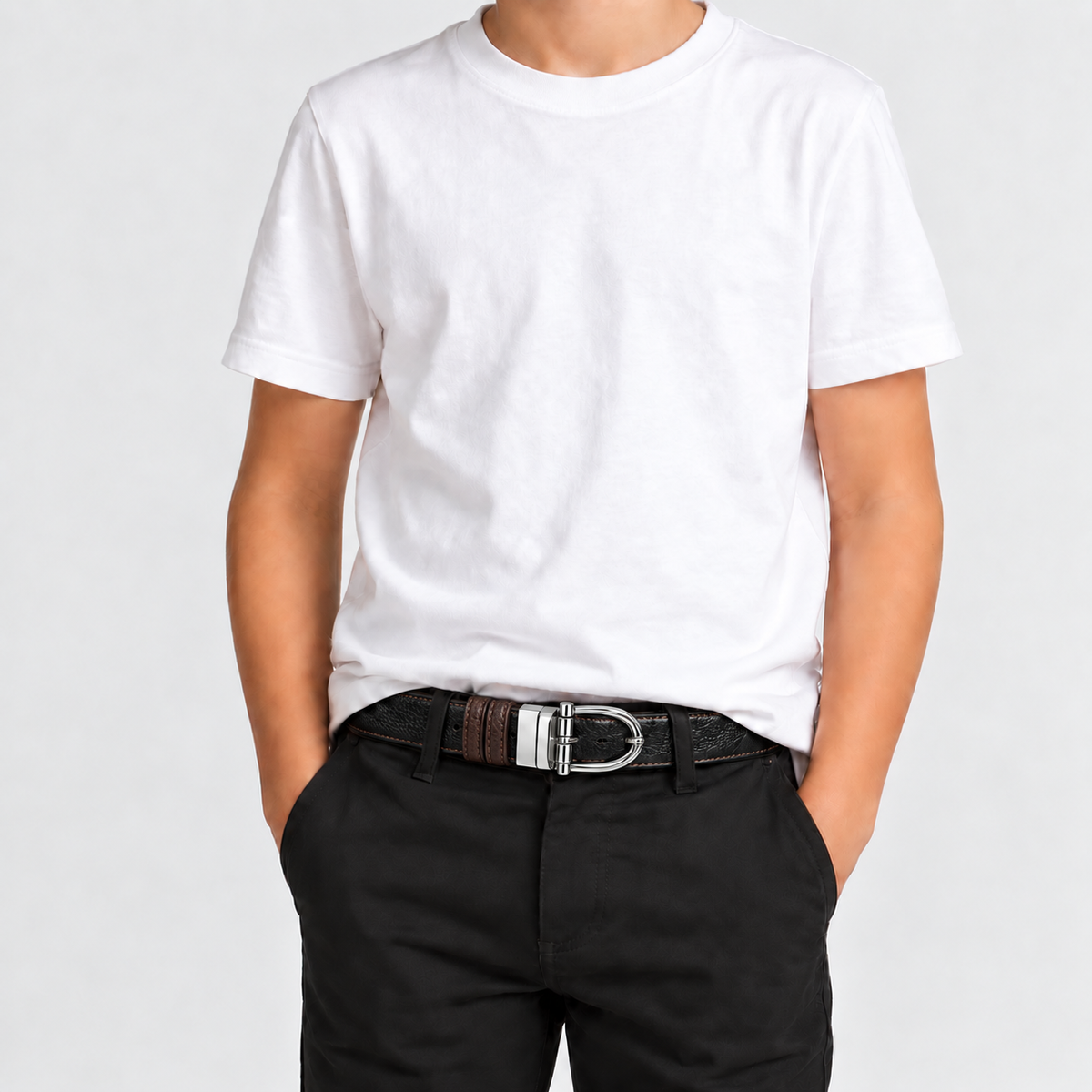 Boys’ Black & Brown Textured Belt with Silver Buckle