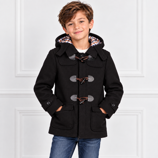 Boys’ Black Hooded Toggle Duffle Coat with Plaid Lining