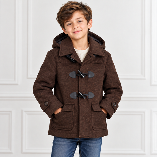 Boys’ Brown Hooded Toggle Duffle Coat with Quilted Lining