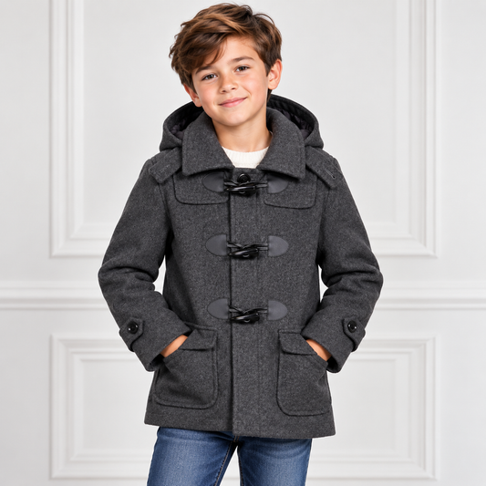 Boys’ Charcoal Gray Hooded Toggle Duffle Coat
