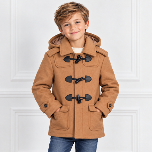 Boys’ Camel Tan Hooded Toggle Duffle Coat
