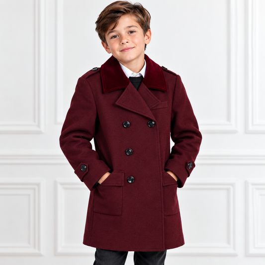 Boys’ Burgundy Double-Breasted Wool-Blend Dress Coat