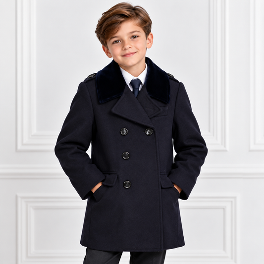 Boys’ Navy Blue Double-Breasted Dress Coat with Velvet Collar