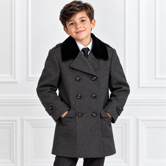 Boys’ Charcoal Gray Double-Breasted Dress Coat with Black Velvet Collar