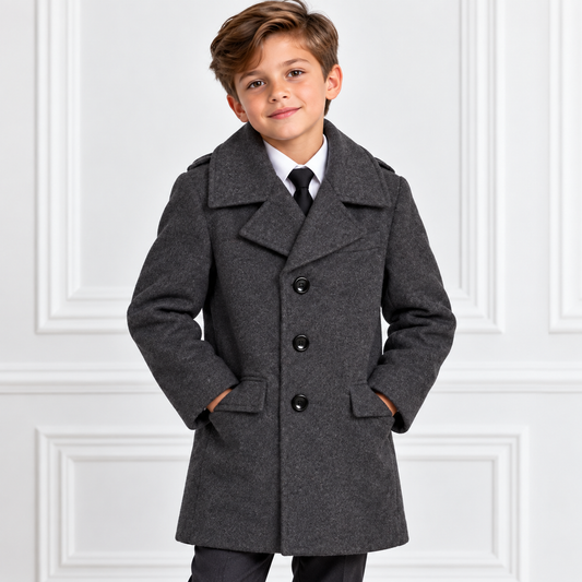Boys’ Charcoal Gray Single-Breasted Wool-Blend Dress Coat