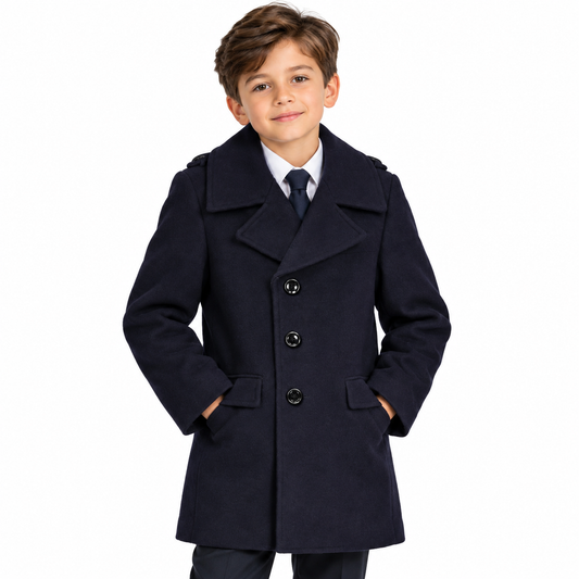 Boys’ Navy Blue Single-Breasted Wool-Blend Dress Coat