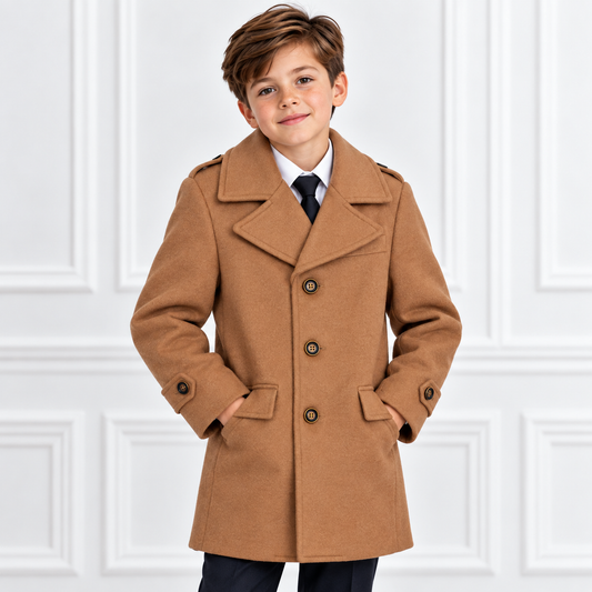 Boys’ Camel Tan Single-Breasted Wool-Blend Dress Coat
