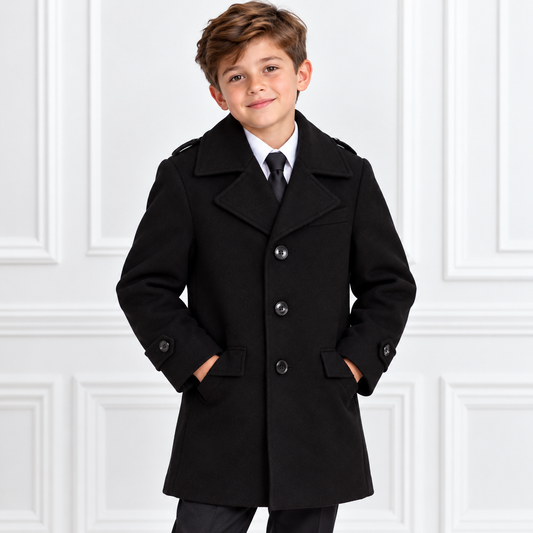 Boys’ Classic Black Single-Breasted Wool-Style Overcoat