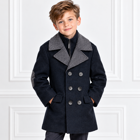 Boys’ Navy & Charcoal Double-Breasted Peacoat with Zip-Up Inner Collar