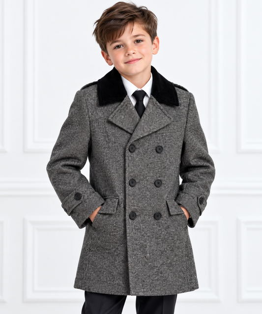 Boys’ Classic Gray Double-Breasted Wool-Style Overcoat with Black Collar
