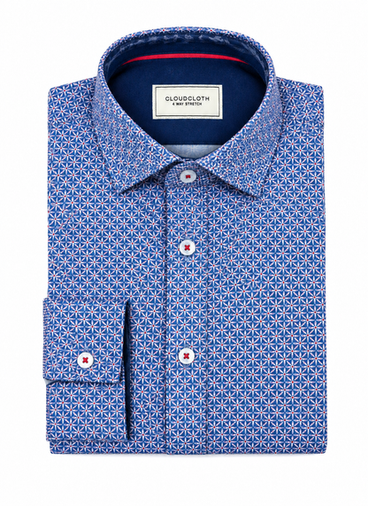 Boys Blue Geometric Print Long Sleeve Button-Up Shirt