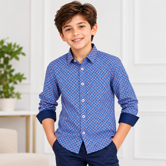 Boys Blue Geometric Print Long Sleeve Button-Up Shirt