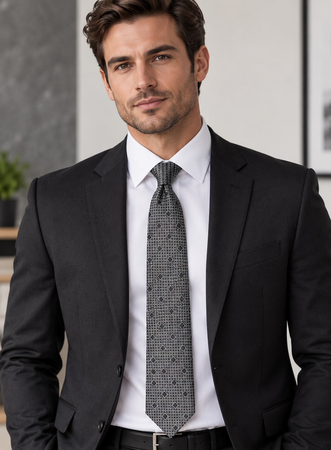 Black & Silver Geometric Medallion Pattern Men’s Tie