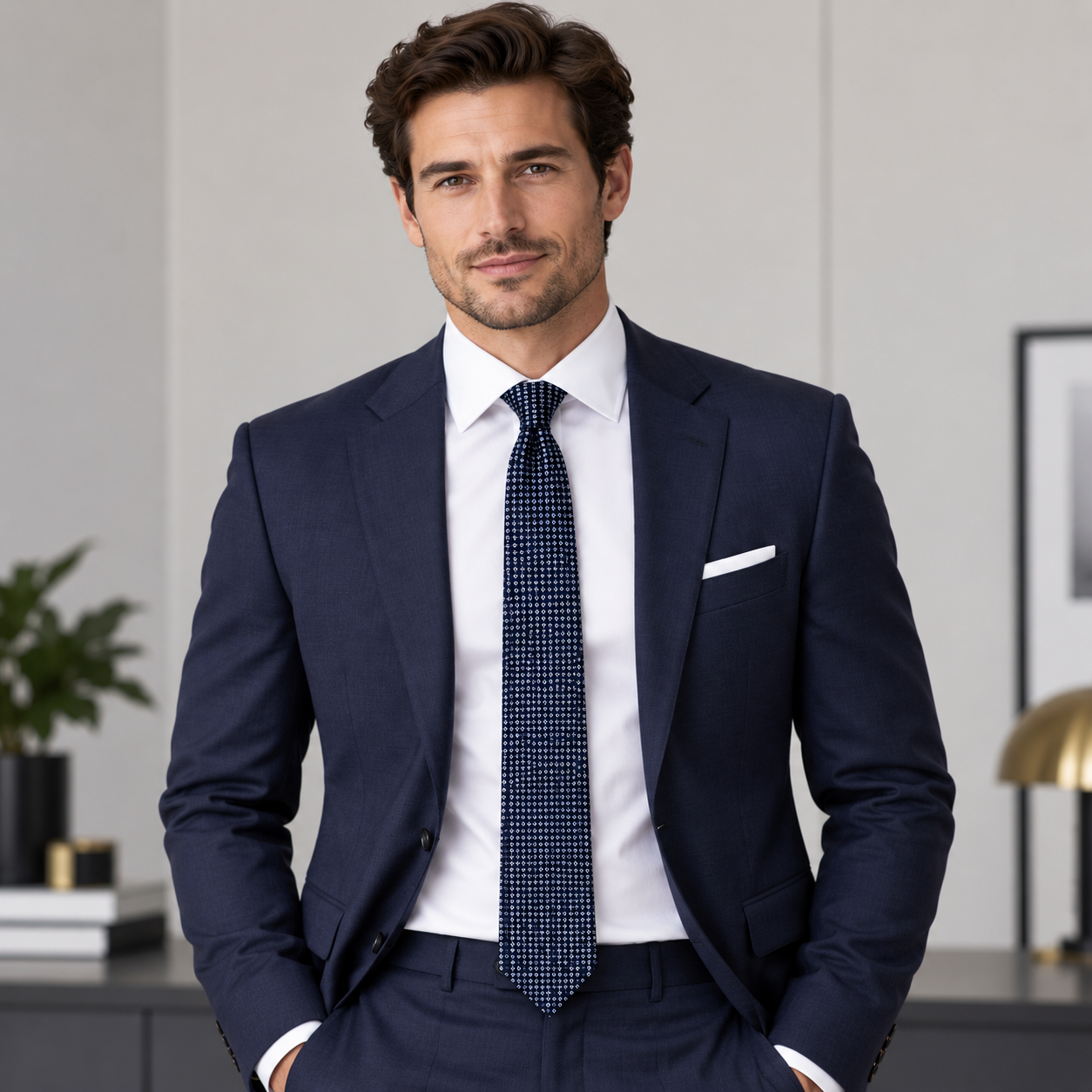 Navy Blue Micro-Dot Pattern Slim Tie