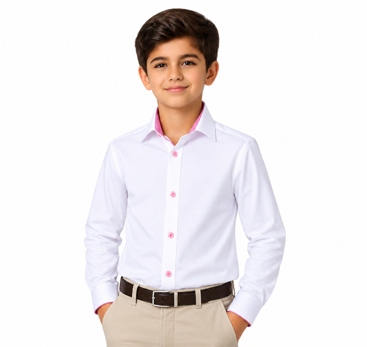 Boys White & Pink Trim 100% Cotton Dress Shirt