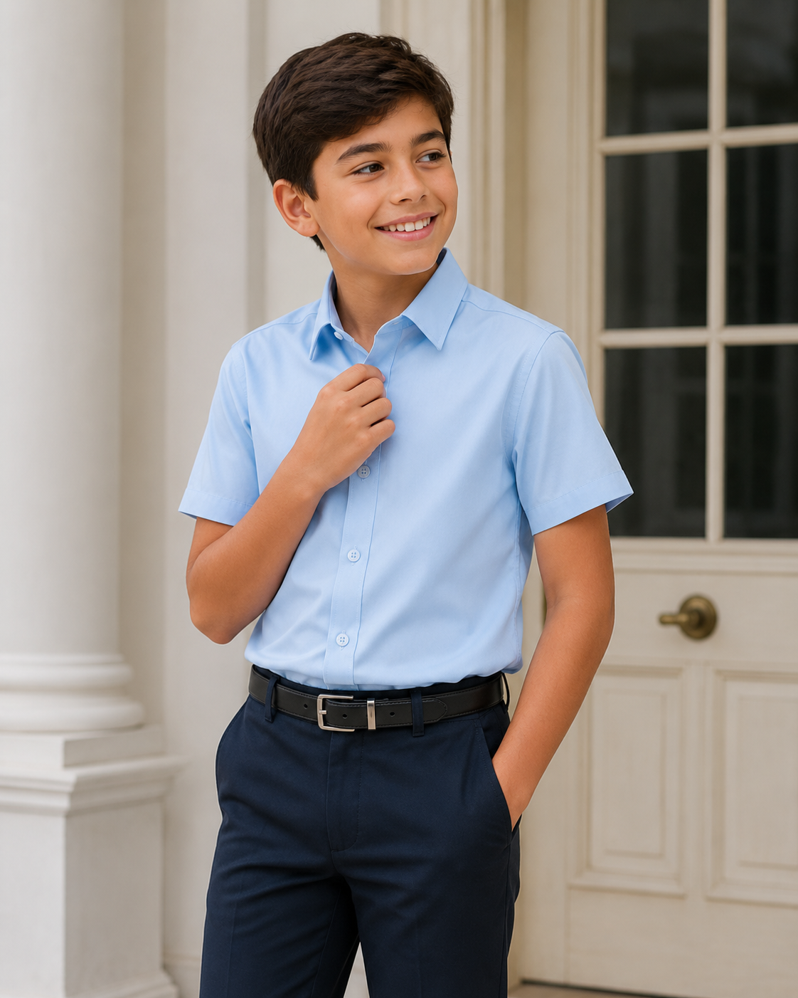 Boys' Light Blue 4-Way Stretch Short Sleeve Dress Shirt