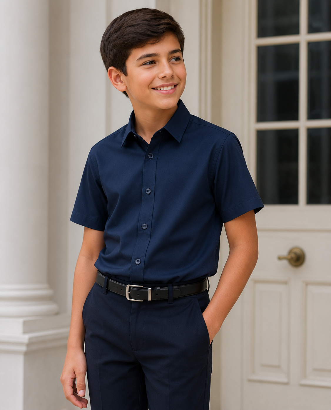Boys Navy 4-Way Stretch Short Sleeve Dress Shirt