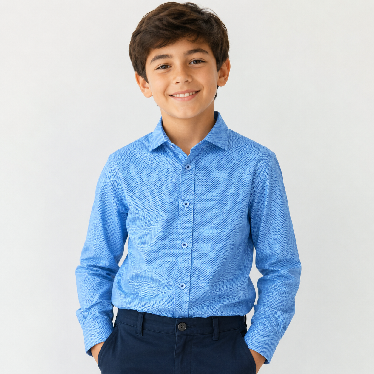 Boys Light Blue Micro-Pattern Dress Shirt
