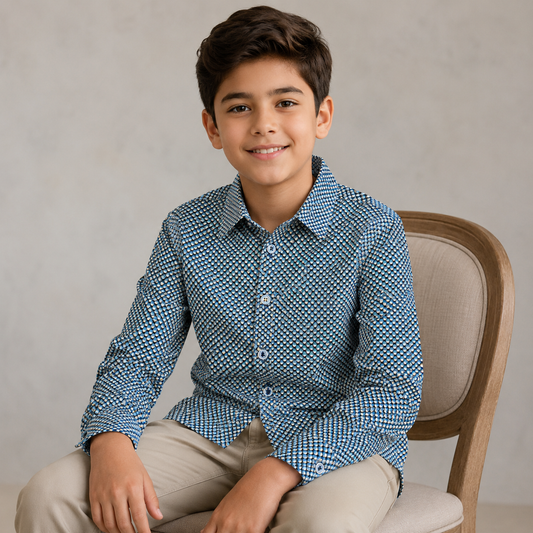 Boys 4-Way Stretch Long Sleeve Shirt with Blue Honeycomb Geometric Print