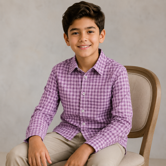 Boys 4-Way Stretch Long Sleeve Shirt – Mauve Plaid Check