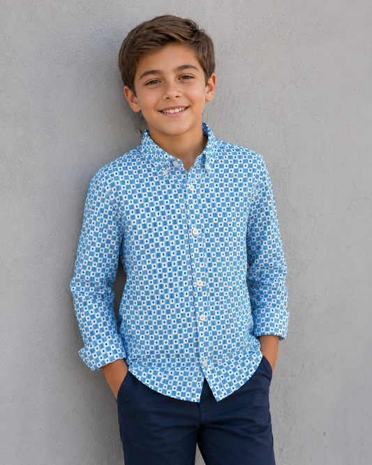 Boys 4-Way Stretch Light Blue Micro Check Dress Shirt
