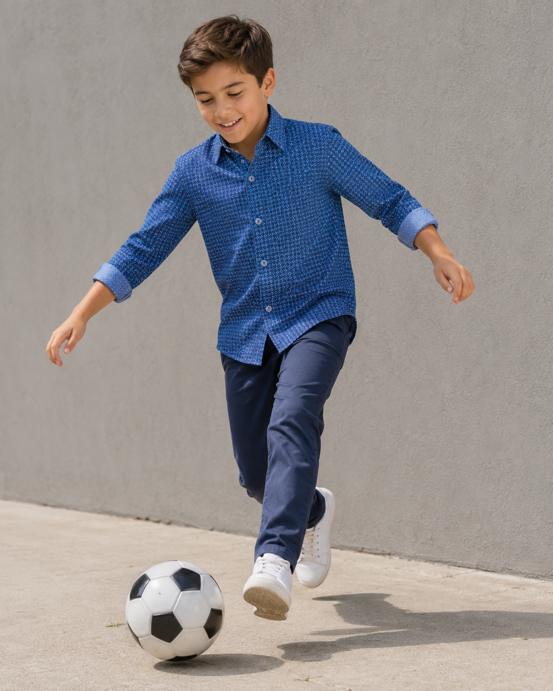 Boys 4-Way Stretch Long Sleeve Shirt with Blue Micro Diamond Print