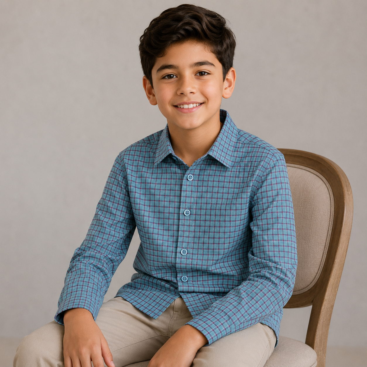 Boys Long Sleeve Plaid Dress Shirt – Teal & Burgundy Windowpane Check