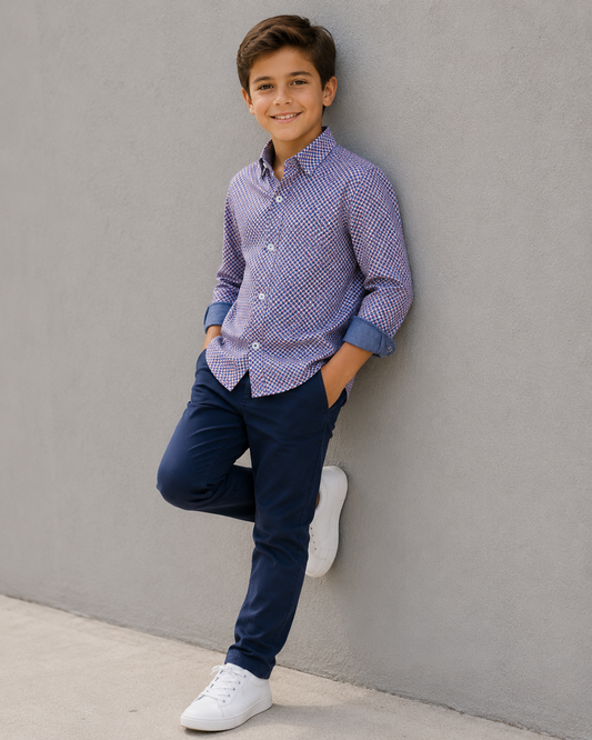 Boys 4-Way Stretch Long Sleeve Shirt with Pink & Blue Geometric Print