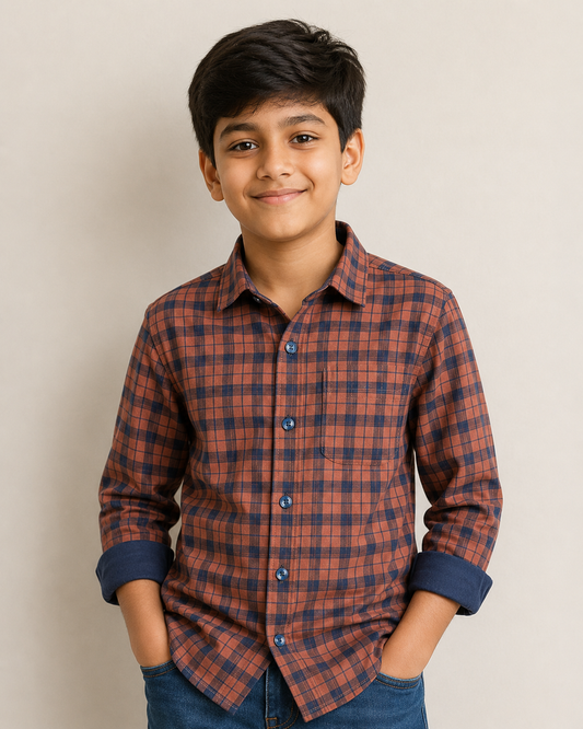 Boys 4-Way Stretch Long Sleeve Plaid Dress Shirt – Rust & Navy Check