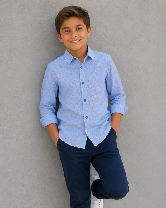 Boys 4-Way Stretch Blue Micro Diamond Print Dress Shirt