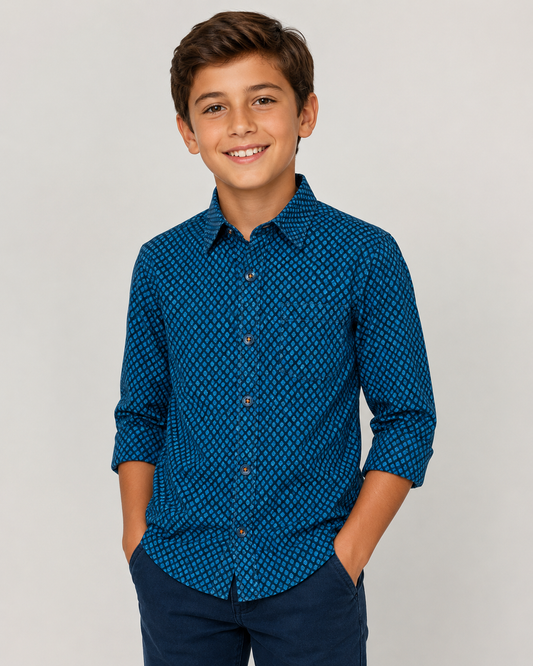 Boys 4-Way Stretch Long Sleeve Shirt with Blue Diamond Print