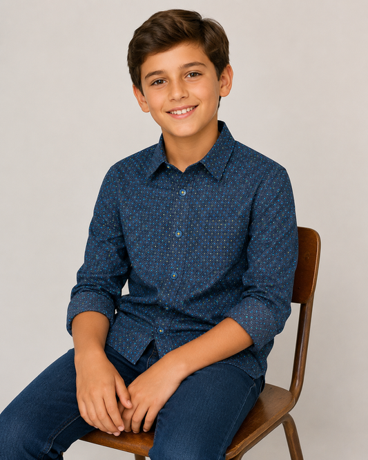 Boys 4-Way Stretch Long Sleeve Shirt with Navy Geometric Dot Print