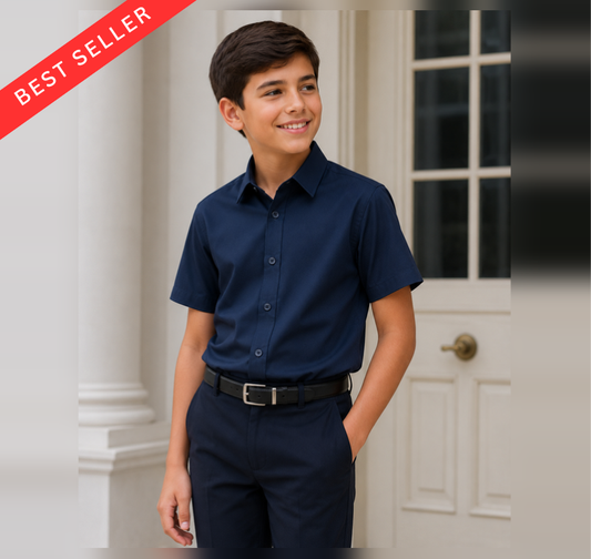 Boys Prospect Navy 4-Way Stretch Short Sleeve Dress Shirt