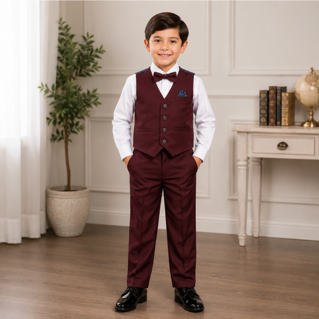 Boys 5-Piece Burgundy Formal Vest Set – Dress Shirt, Vest, Pants, Bow Tie & Pocket Square