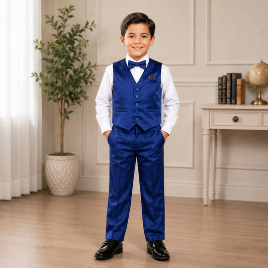 Boys 5-Piece Cobalt Blue Formal Vest Set – Dress Shirt, Vest, Pants, Bow Tie & Pocket Square