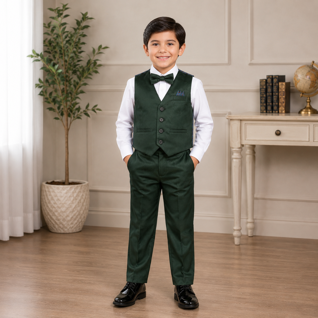 Boys 5-Piece Hunter Green Formal Vest Set – Dress Shirt, Vest, Pants, Bow Tie & Pocket Square