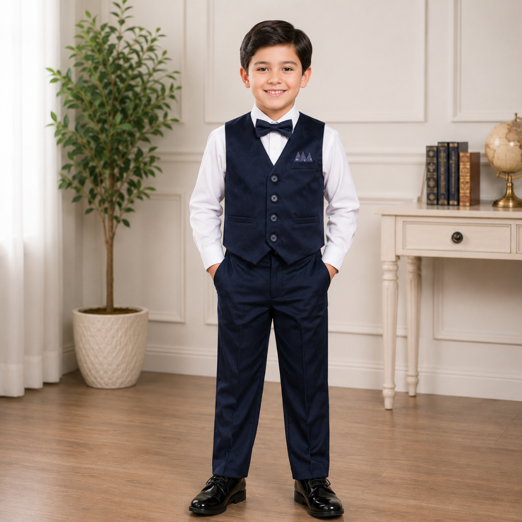 Boys 5-Piece Navy Formal Vest Set – Dress Shirt, Vest, Pants, Bow Tie & Pocket Square