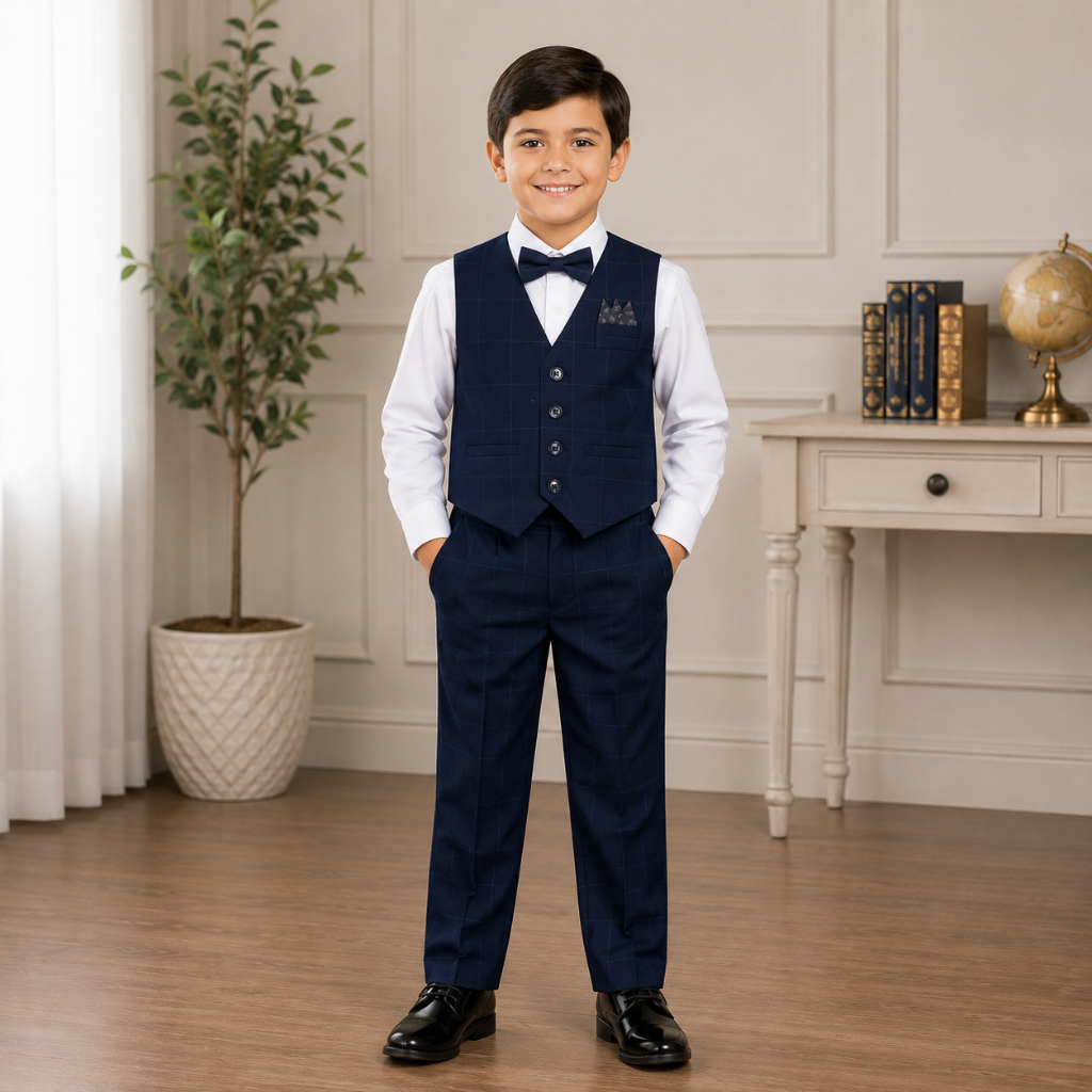 Boys 5-Piece Navy Windowpane Formal Vest Set – Dress Shirt, Vest, Pants, Bow Tie & Pocket Square