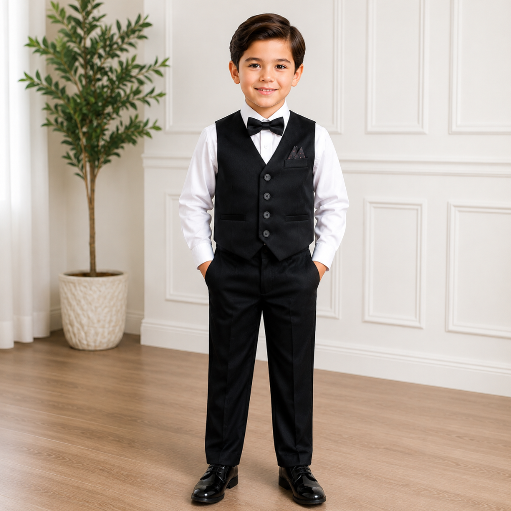 Boys 5-Piece Black Formal Vest Set – Dress Shirt, Vest, Pants, Bow Tie & Pocket Square