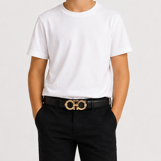 Boys Black Leather Belt with Gold Statement Buckle