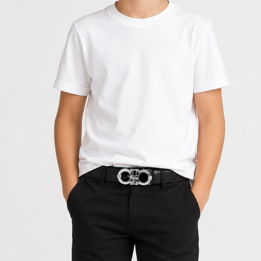 Boys Black/Brown Reversible Belt with Silver Statement Buckle