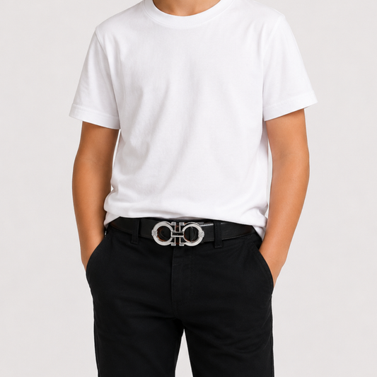 Boys Black/Tan Leather Belt with Silver Designer-Inspired Buckle