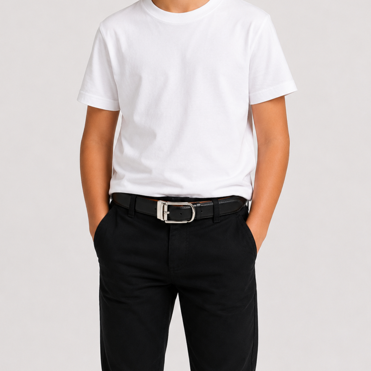 Boys Black & Tan Reversible Dress Belt with Silver Buckle