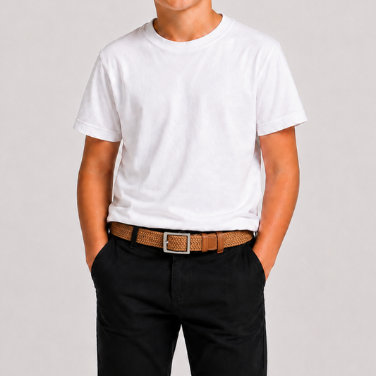 Boys Tan Braided Stretch Belt with Silver Buckle