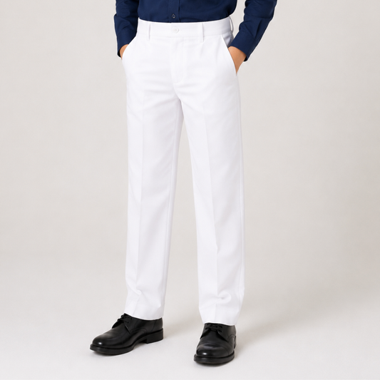 Boys Classic White Dress Pants – Formal Flat Front Trousers
