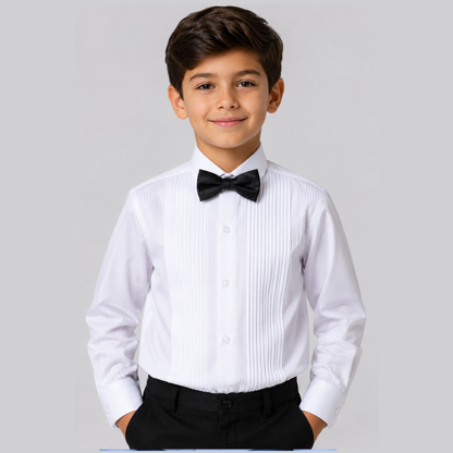 Boys White 100% Cotton Pleated Tuxedo Dress Shirt