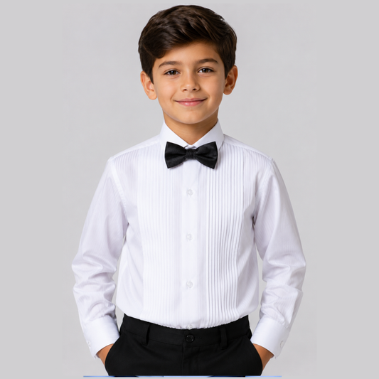 Boys White 100% Cotton Pleated Tuxedo Dress Shirt