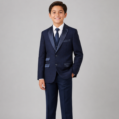 Boys Navy Blue & Black 2-Piece Tuxedo Suit – Premium Formal Blazer & Dress Pants