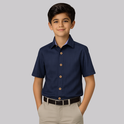 Boys Navy Blue 100% Cotton Short Sleeve Dress Shirt
