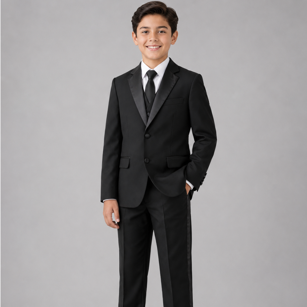 Boys Classic Black 2-Piece Tuxedo Suit – Formal Blazer & Satin Trim Dress Pants